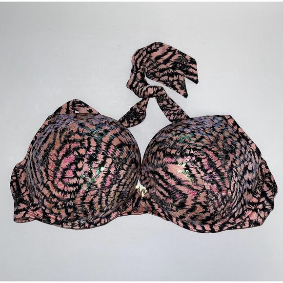 Victoria's Secret Bikini Top Womens 38C Pink Brown Sequin Bombshell Halter - Picture 1 of 7